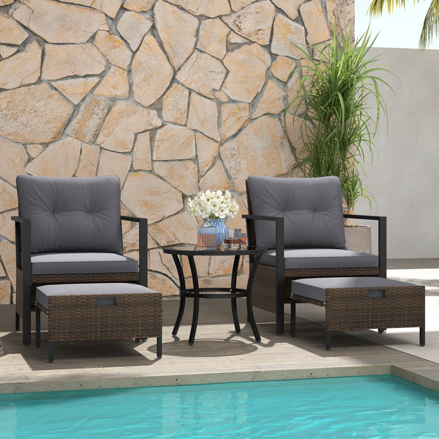 4 Piece Outdoor Furniture Set with Glass Topped Coffee Table-Black