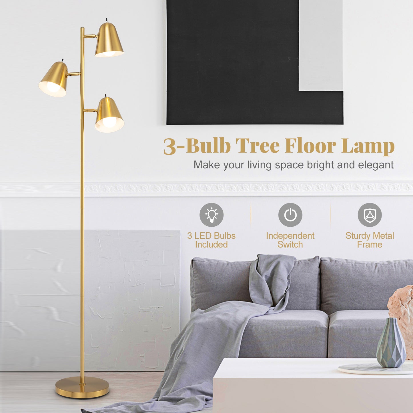 64 Inch 3-Light LED Floor Lamp Reading Light for Living Room Bedroom-Golden