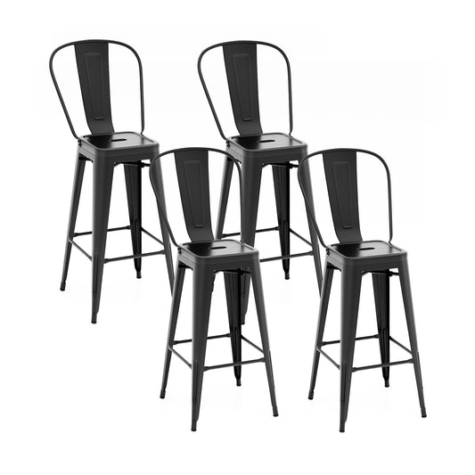 Set of 4 Bar Height Chairs Stackable Metal Bar Stools with Removable Backrest-Black
