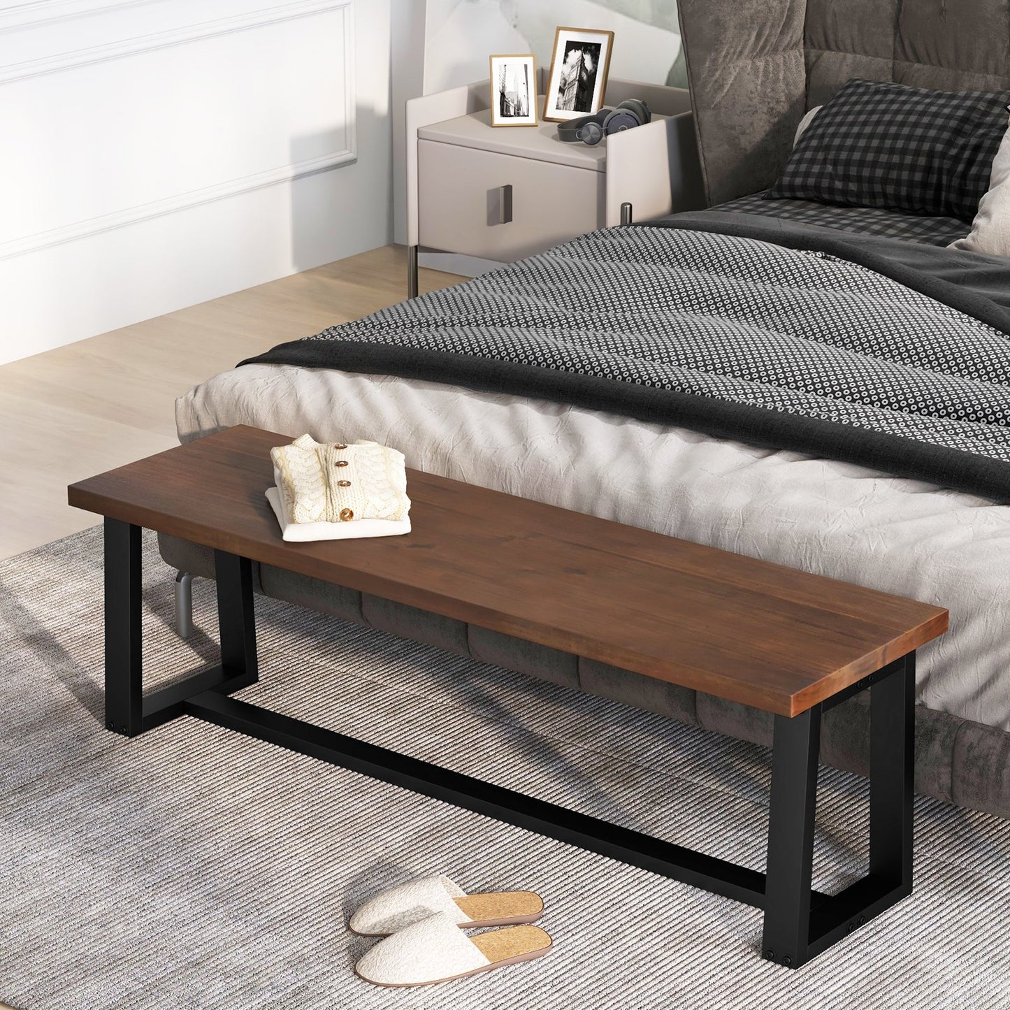 Wood Dining Bench with Metal Frame and Adjustable Footpads-Black