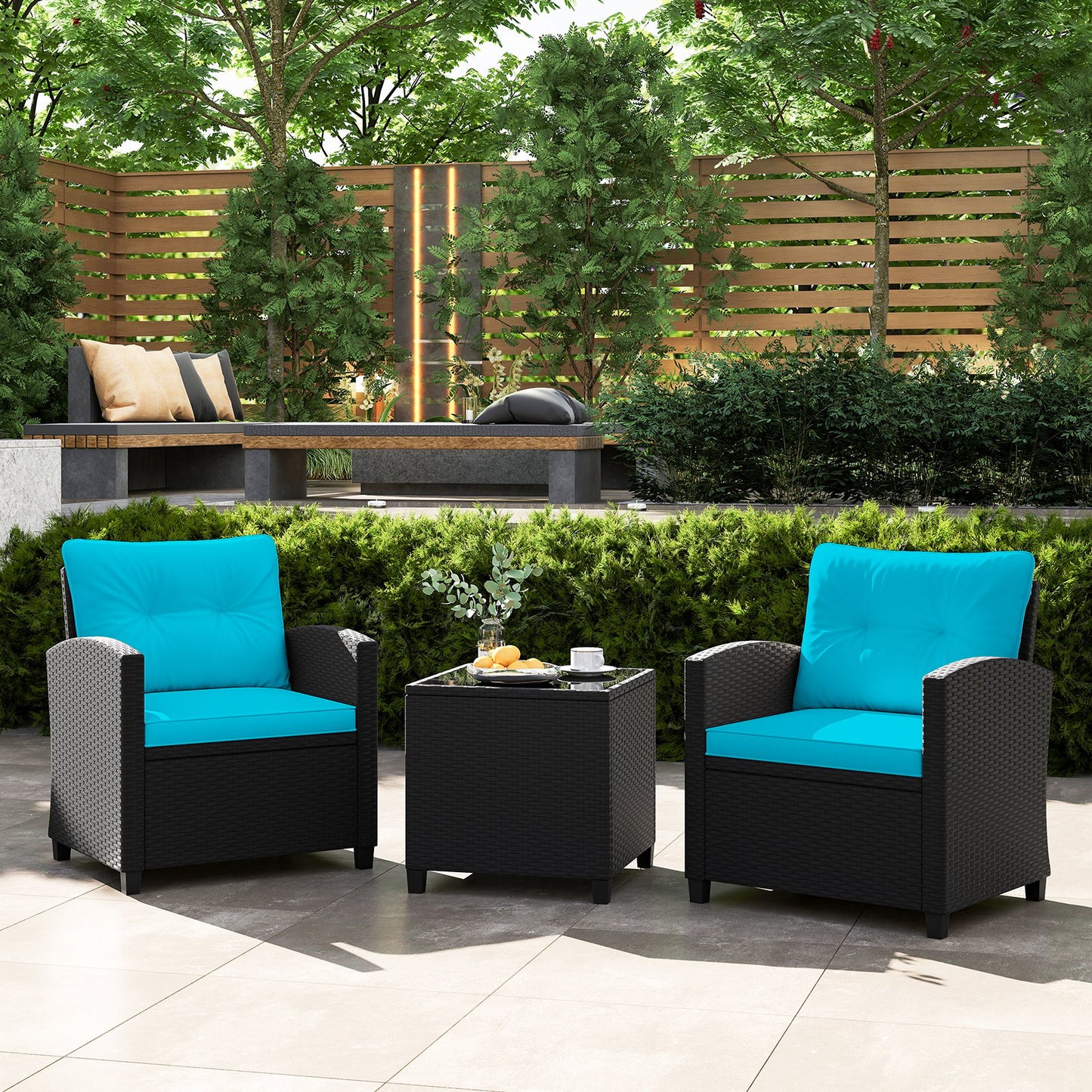3 Pieces Patio Furniture Set with Tempered Glass Coffee Table-Black