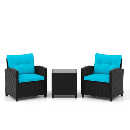 3 Pieces Patio Furniture Set with Tempered Glass Coffee Table-Black