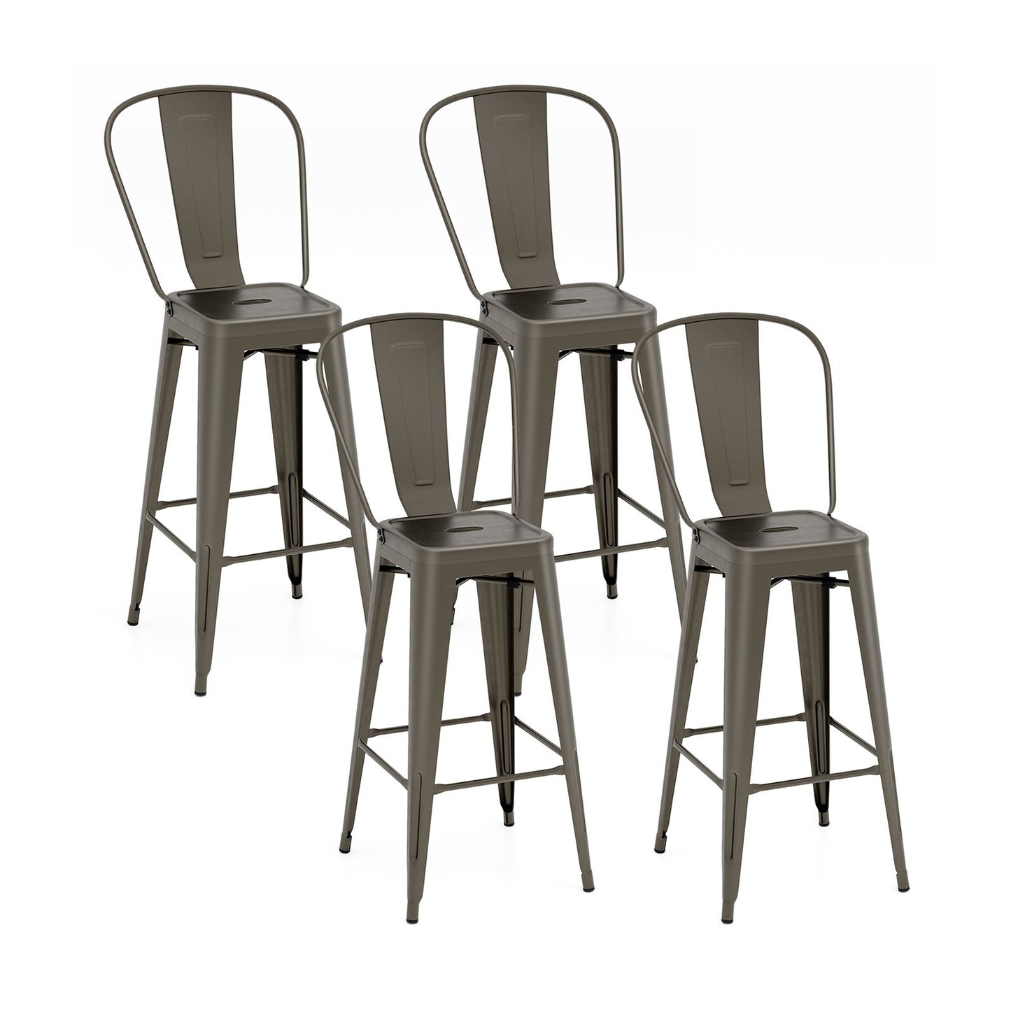 Set of 4 Bar Height Chairs Stackable Metal Bar Stools with Removable Backrest-Black