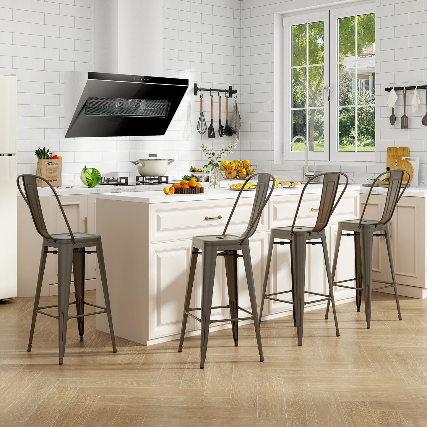 Set of 4 Bar Height Chairs Stackable Metal Bar Stools with Removable Backrest-Black