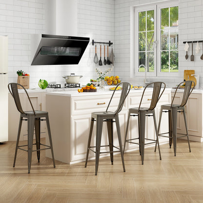 Set of 4 Bar Height Chairs Stackable Metal Bar Stools with Removable Backrest-Black