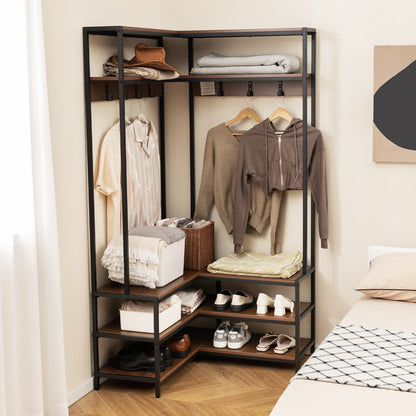 Corner Garment Rack with Open Shelves and 7 Hooks Shoe Bench-Rustic Brown