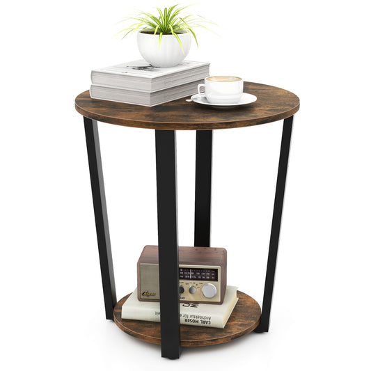 2-Tier Round End Table with Storage Shelf and Metal Frame-Brown