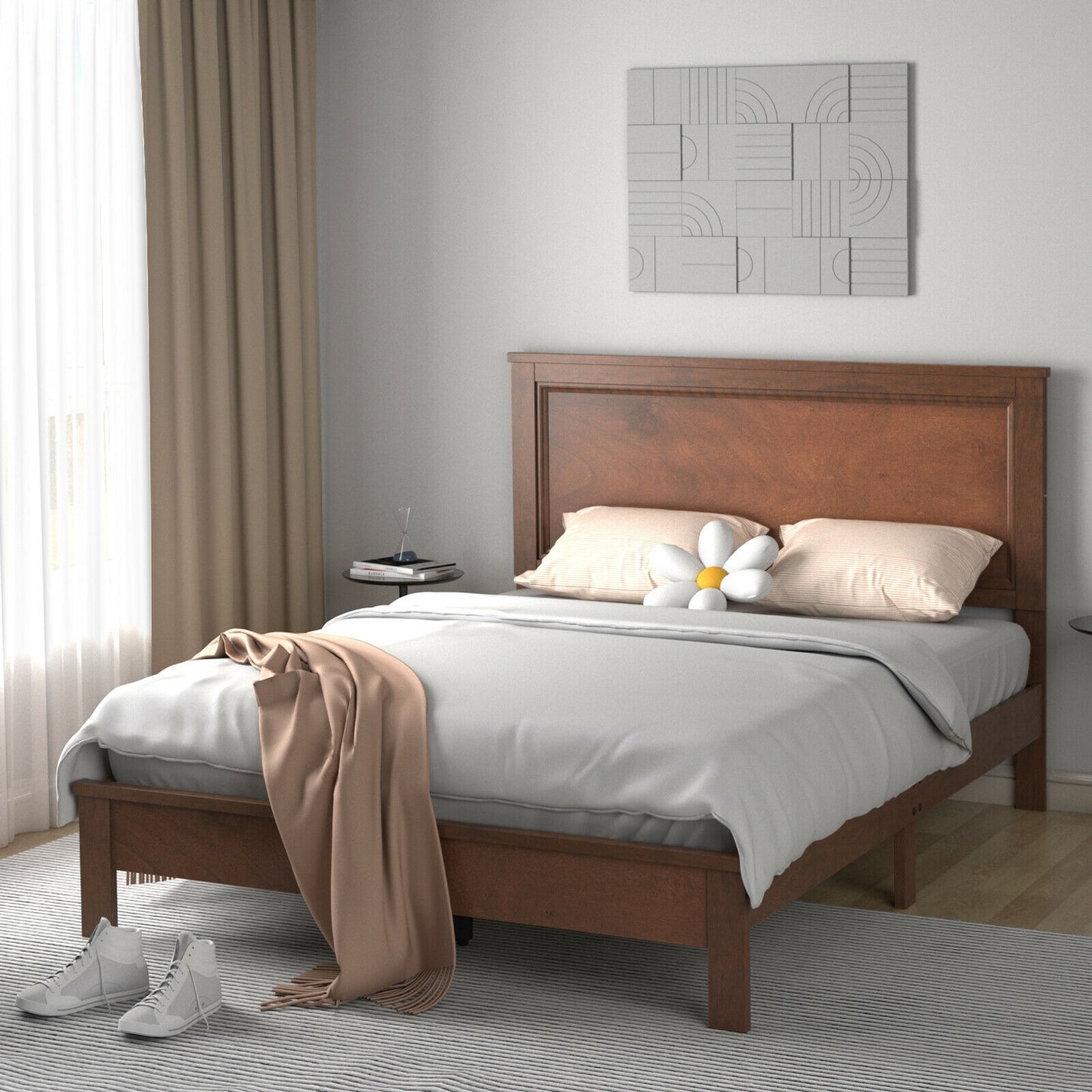 Queen Size Bed Frame Platform Slat High Headboard Bedroom with Rubber Wood Leg-Black