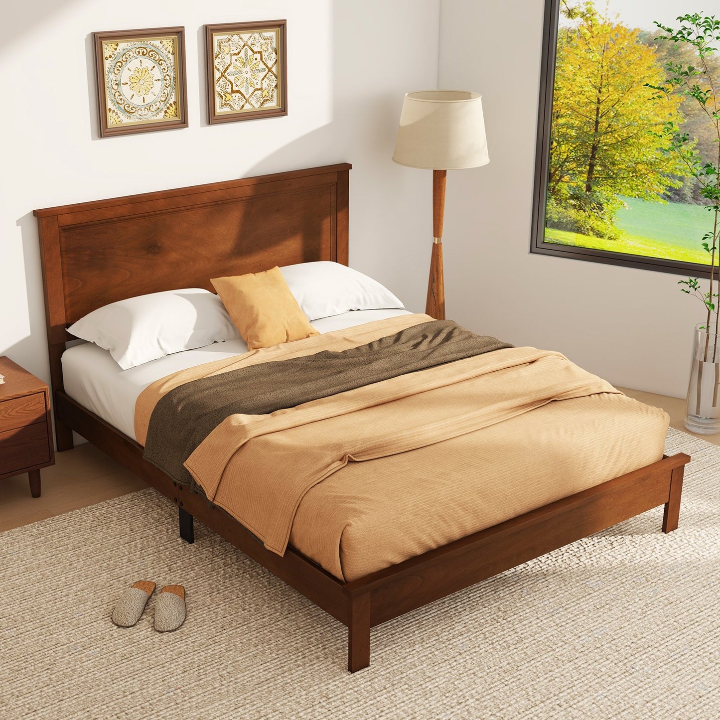 Queen Size Bed Frame Platform Slat High Headboard Bedroom with Rubber Wood Leg-Black