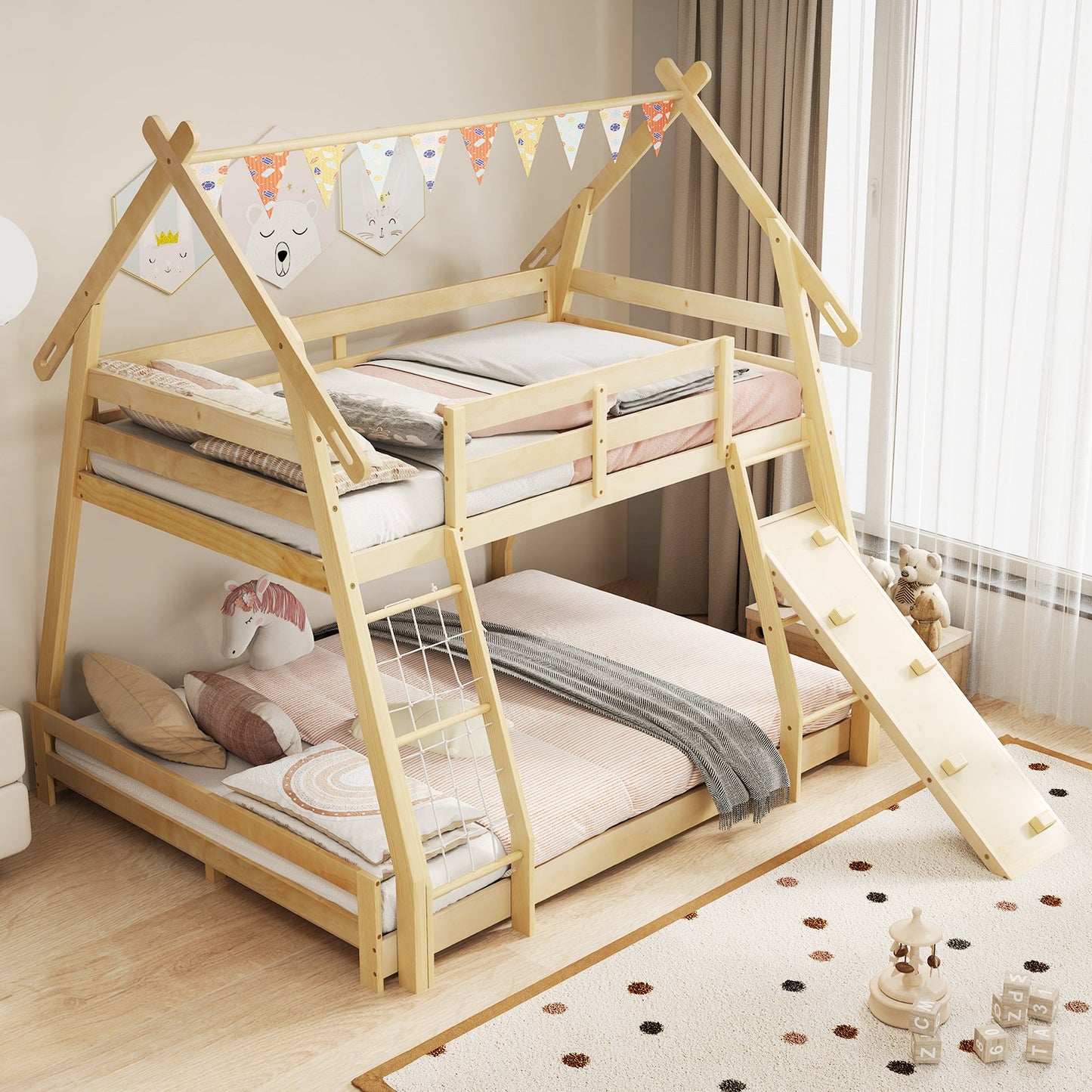 Twin Over Queen Bunk Bed Wooden Kids Bed with Climbing Nets and Ramp-Gray