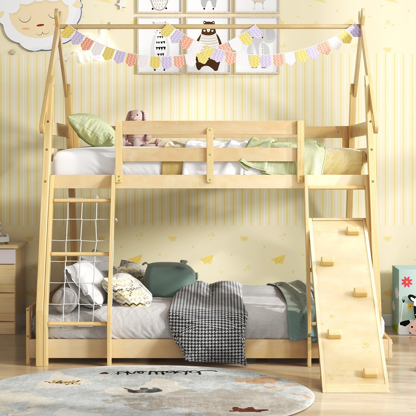 Twin Over Queen Bunk Bed Wooden Kids Bed with Climbing Nets and Ramp-Gray