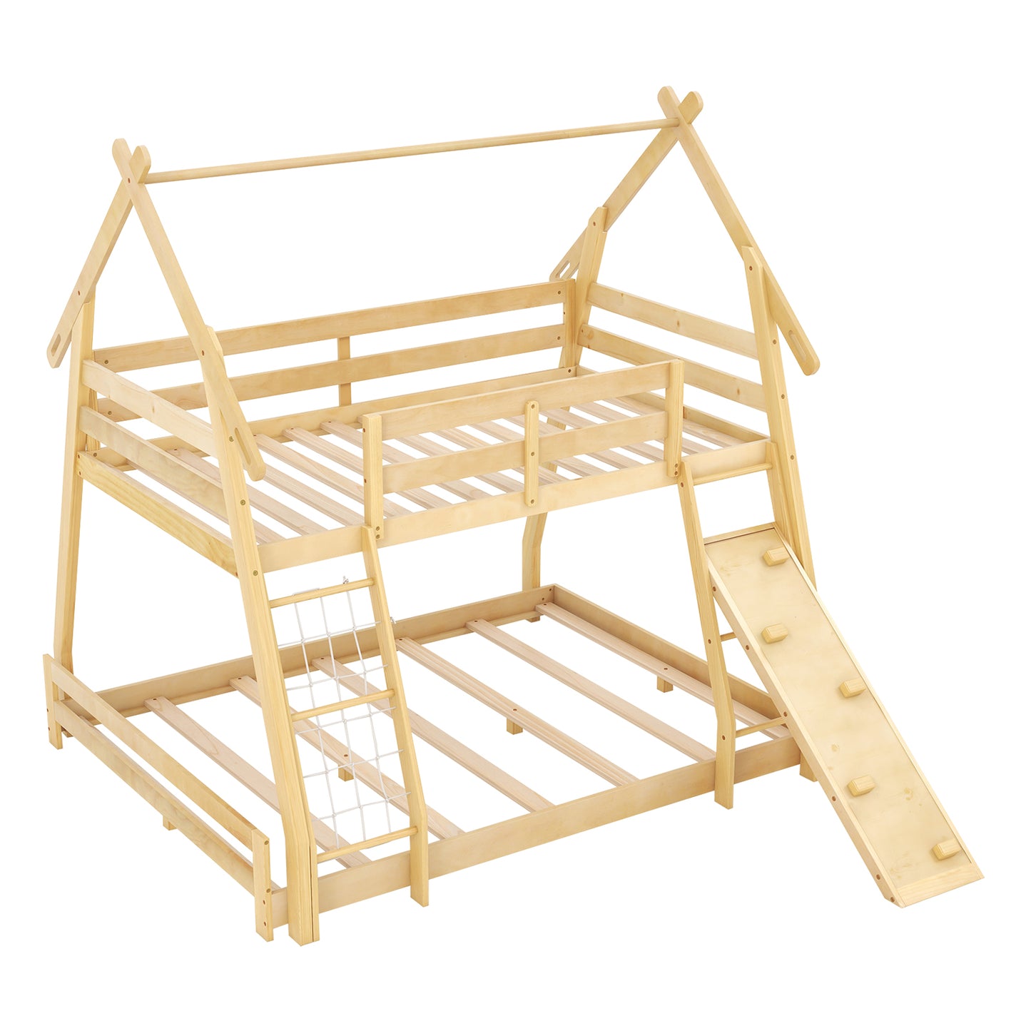 Twin Over Queen Bunk Bed Wooden Kids Bed with Climbing Nets and Ramp-Gray