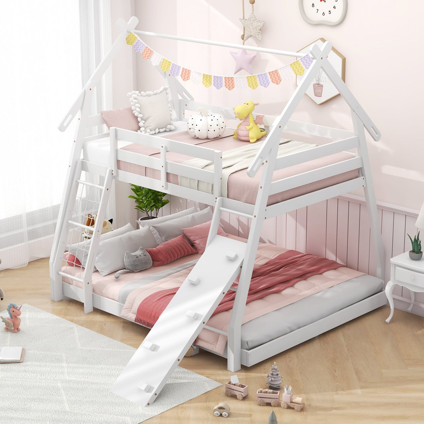 Twin Over Queen Bunk Bed Wooden Kids Bed with Climbing Nets and Ramp-Gray