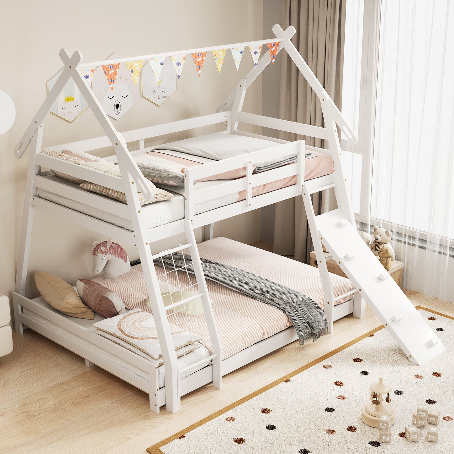 Twin Over Queen Bunk Bed Wooden Kids Bed with Climbing Nets and Ramp-Gray