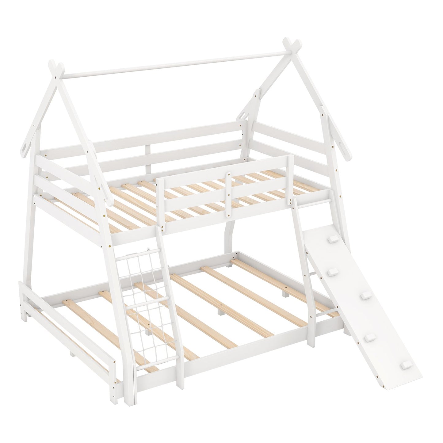Twin Over Queen Bunk Bed Wooden Kids Bed with Climbing Nets and Ramp-Gray