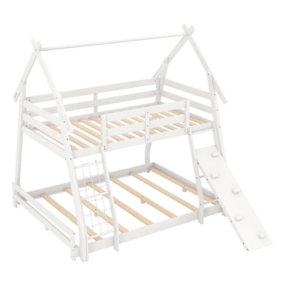 Twin Over Queen Bunk Bed Wooden Kids Bed with Climbing Nets and Ramp-Gray