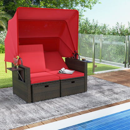 Outdoor Patio Rattan Daybed with Retractable Canopy and Adjustable Backrests-Beige