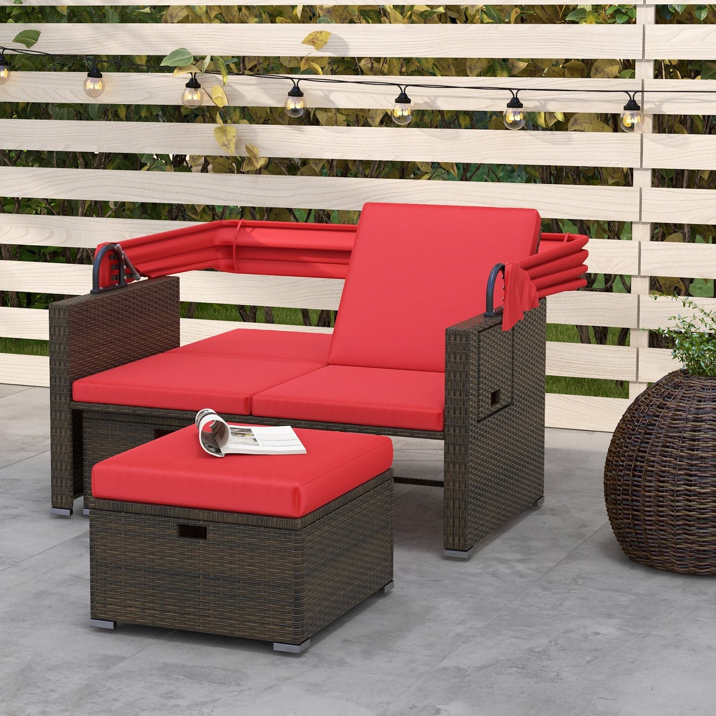 Outdoor Patio Rattan Daybed with Retractable Canopy and Adjustable Backrests-Beige