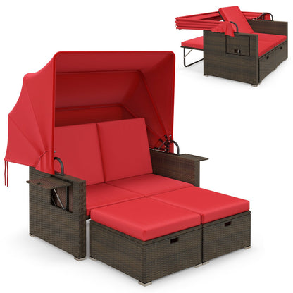 Outdoor Patio Rattan Daybed with Retractable Canopy and Adjustable Backrests-Beige