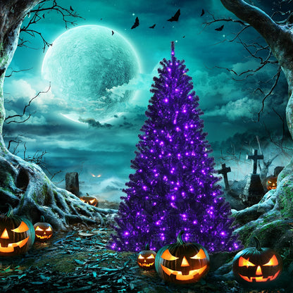 Black Artificial Christmas Halloween Tree with Purple LED Lights-7'