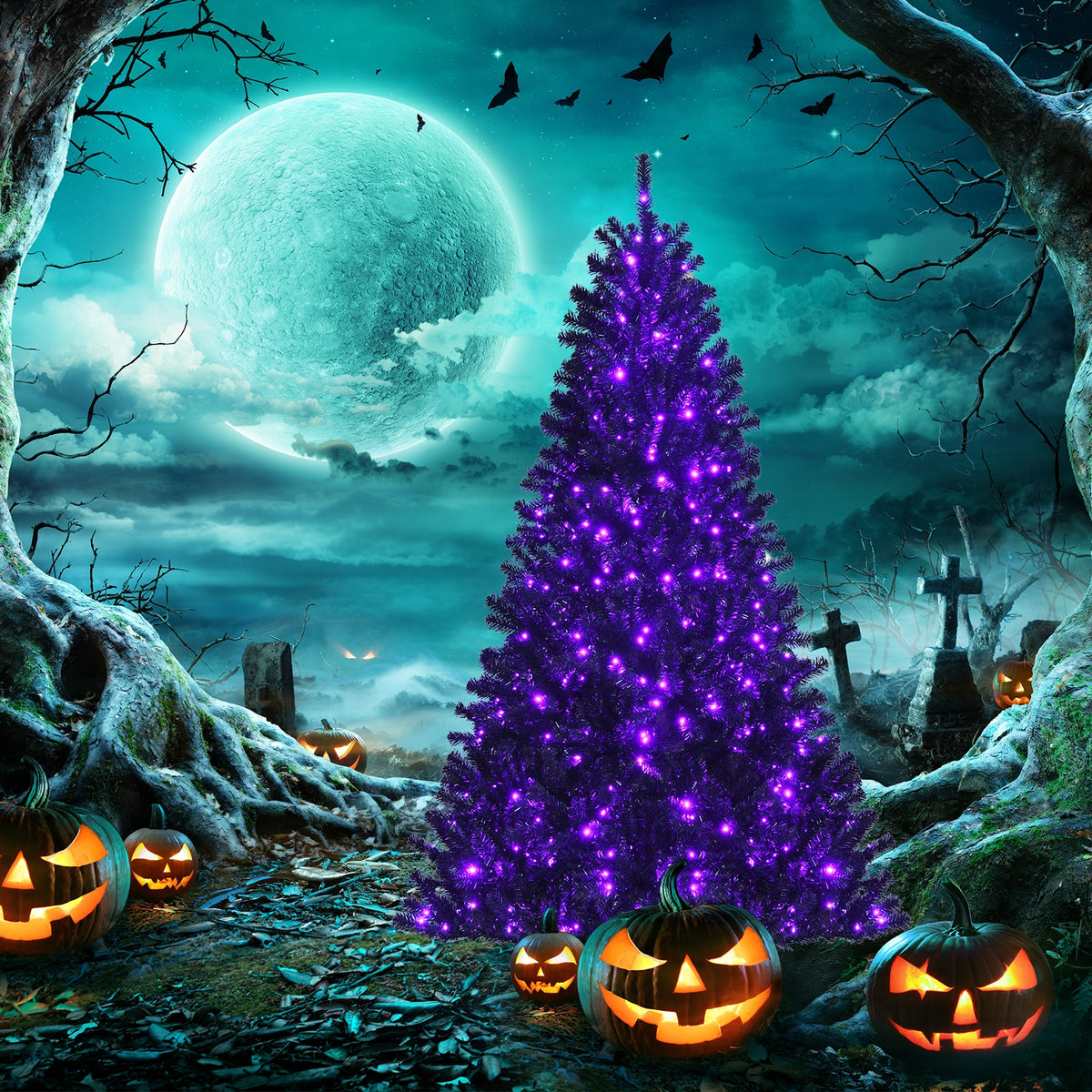 Black artificial 6-foot Halloween Christmas tree with purple LED lights, holiday decor by Wilsons Home Store