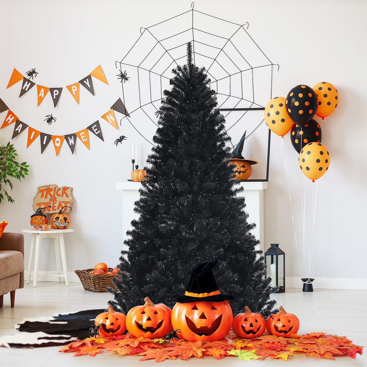 Black artificial 6-foot Christmas Halloween tree with purple LED lights, holiday decor from Wilsons Home Store.
