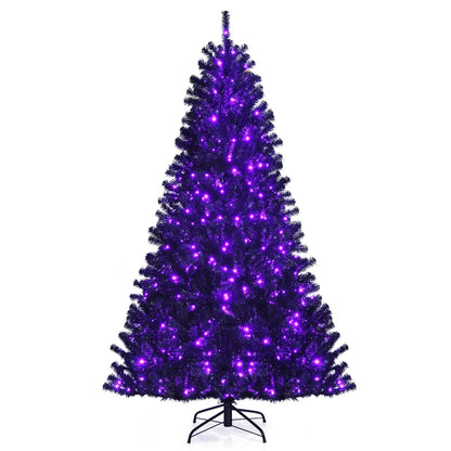 Black Artificial Christmas Halloween Tree with Purple LED Lights-7'