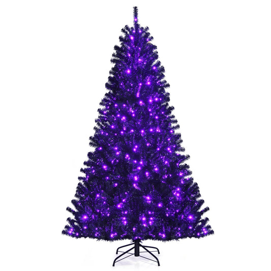 Black Artificial Christmas Halloween Tree with Purple LED Lights-7'
