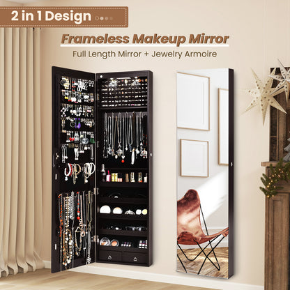 Wall And Door Mounted Mirrored Jewelry Cabinet With Lights-Brown