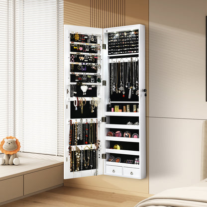 Wall and Door Mounted Mirrored Jewelry Cabinet With Lights-White