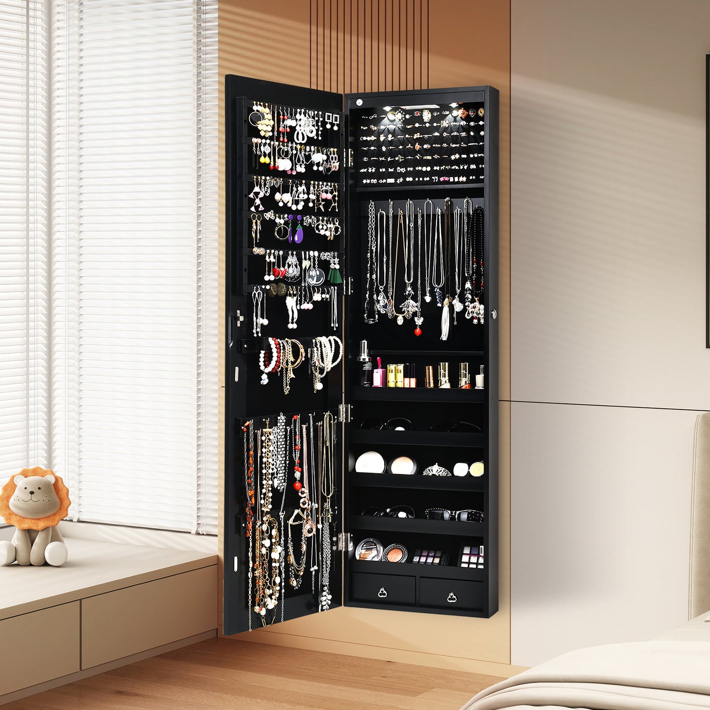 Wall And Door Mounted Mirrored Jewelry Cabinet With Lights-Black