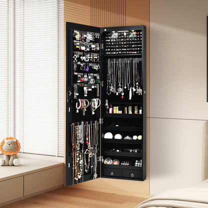 Wall And Door Mounted Mirrored Jewelry Cabinet With Lights-Black