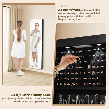 Wall And Door Mounted Mirrored Jewelry Cabinet With Lights-Black