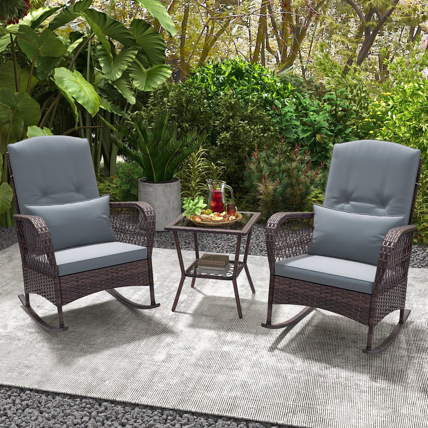 3 Pieces Rocking Bistro Set with 2-Tier Coffee Table-Navy