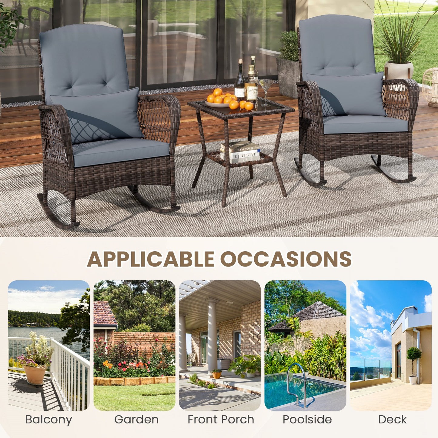 3 Pieces Rocking Bistro Set with 2-Tier Coffee Table-Navy