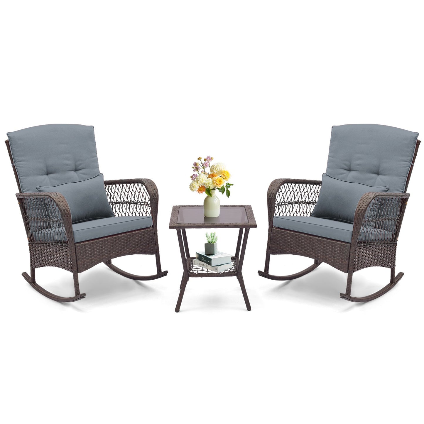 3 Pieces Rocking Bistro Set with 2-Tier Coffee Table-Navy