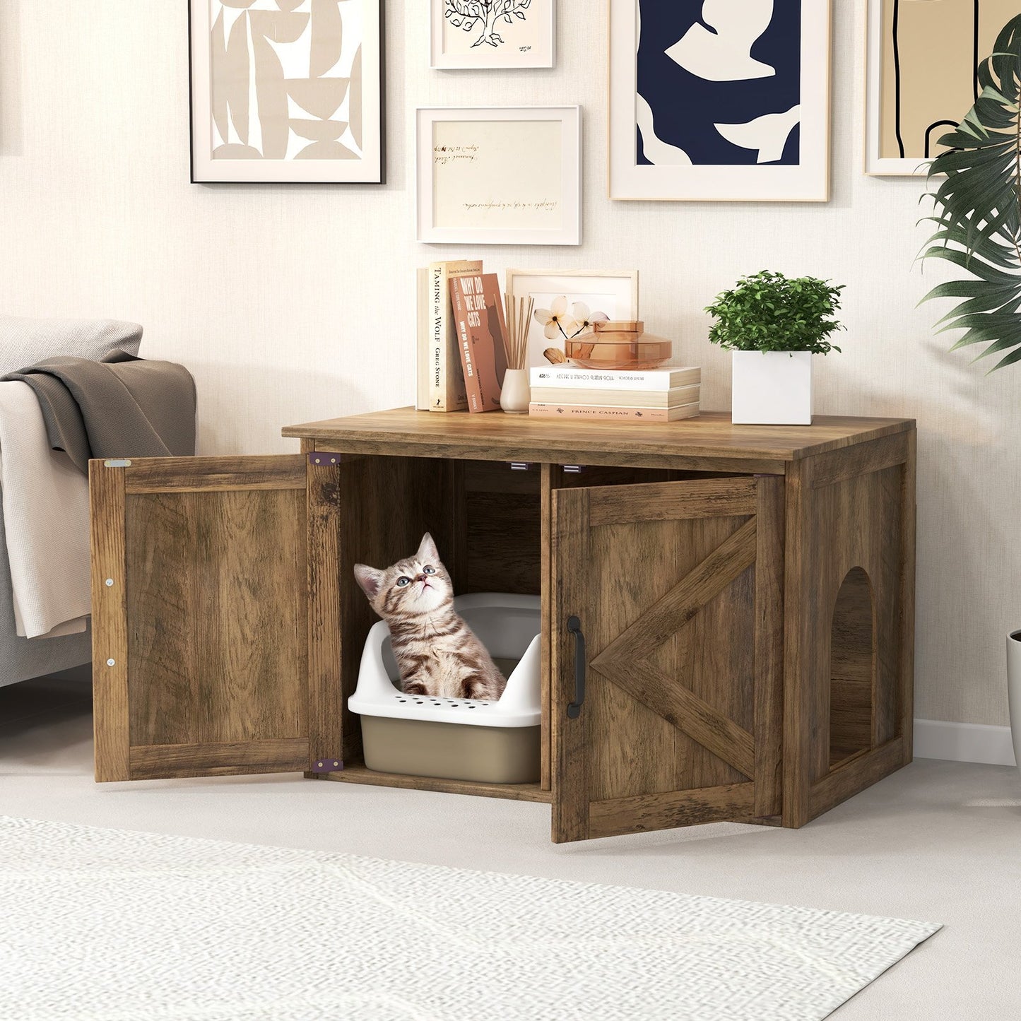 Flip Top Hidden Cat Washroom Furniture with Double Barn Doors  Removable Divider and Middle Entry