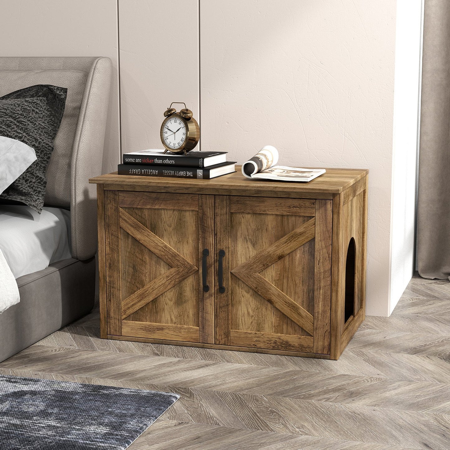 Flip Top Hidden Cat Washroom Furniture with Double Barn Doors  Removable Divider and Middle Entry