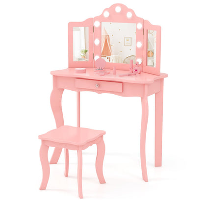 Kid Vanity Table Stool Set with Tri-Folding Mirror and 3-Color LED Lights-Pink