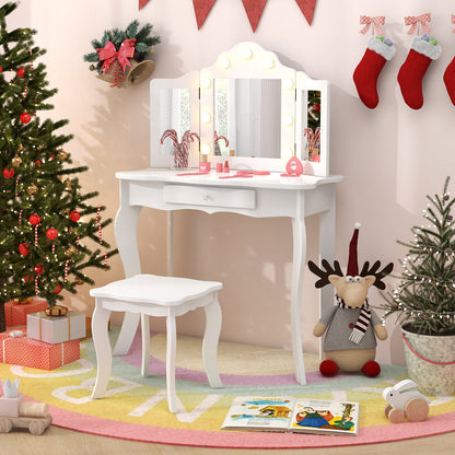 Kid Vanity Table Stool Set with Tri-Folding Mirror and 3-Color LED Lights-Pink