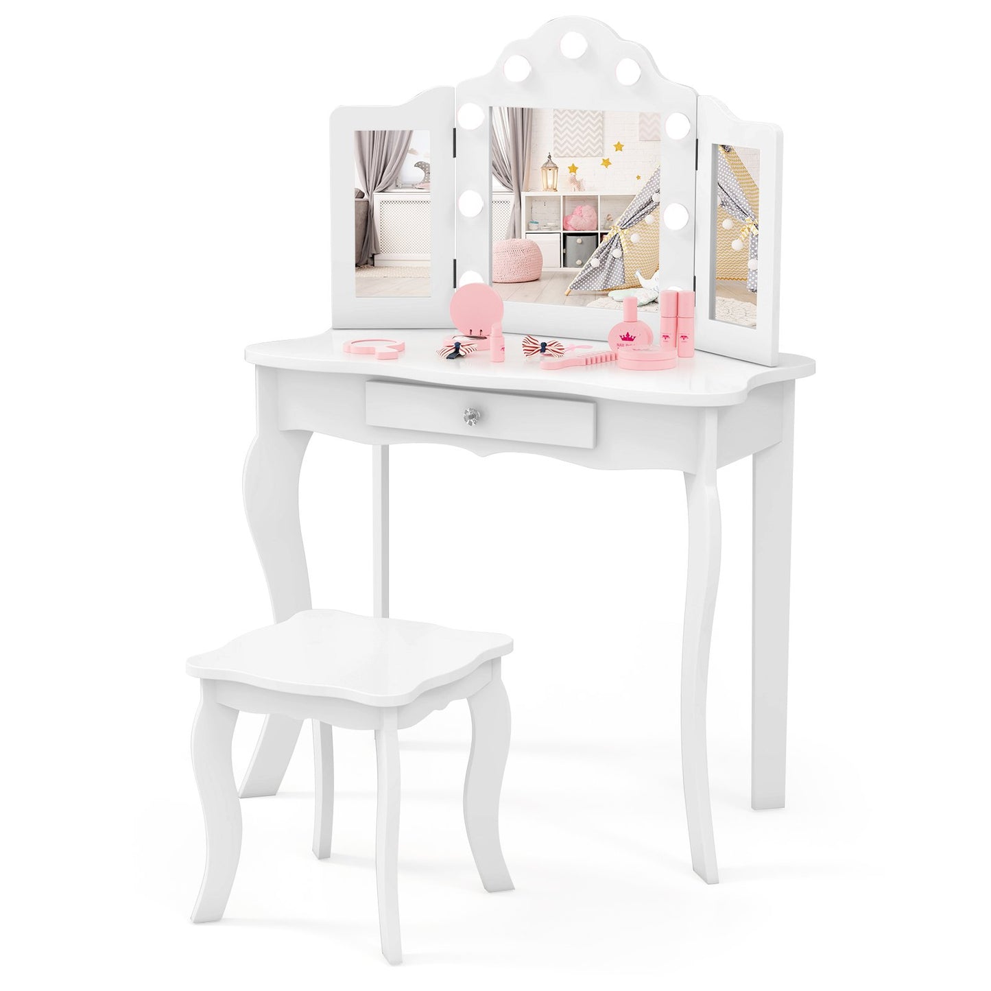 Kid Vanity Table Stool Set with Tri-Folding Mirror and 3-Color LED Lights-Pink