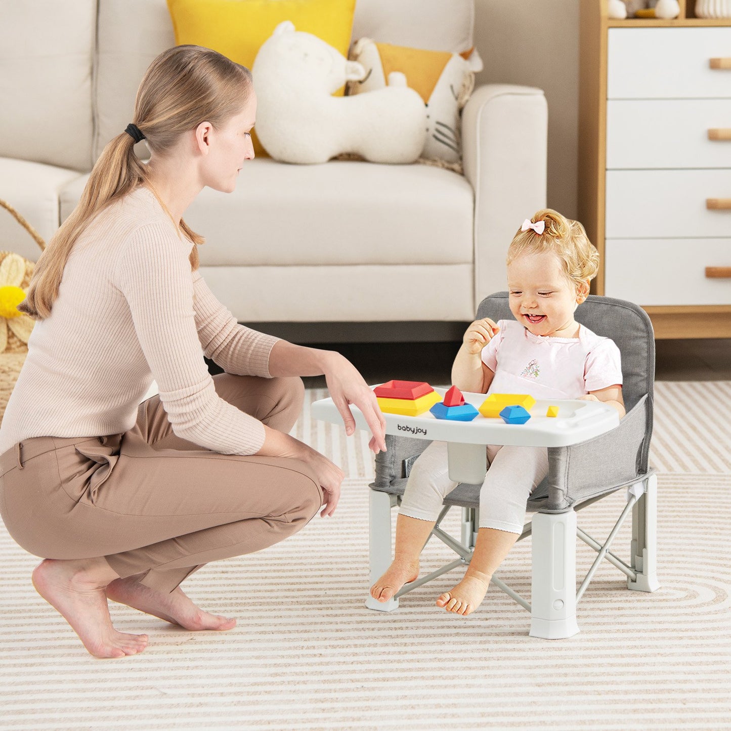 Portable Baby Booster Seat with Straps and Double Tray-Gray