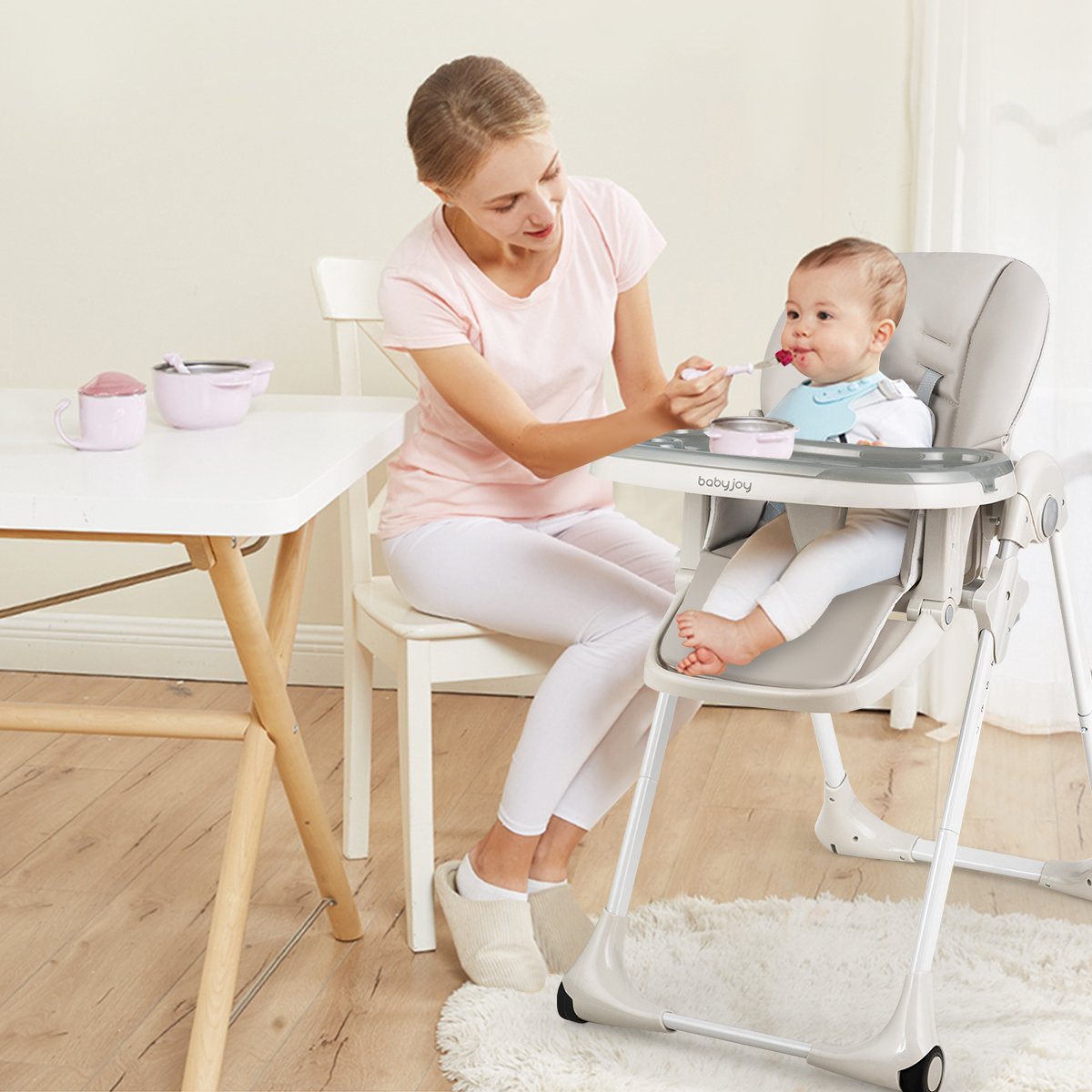 Baby Convertible High Chair with Wheels-Beige