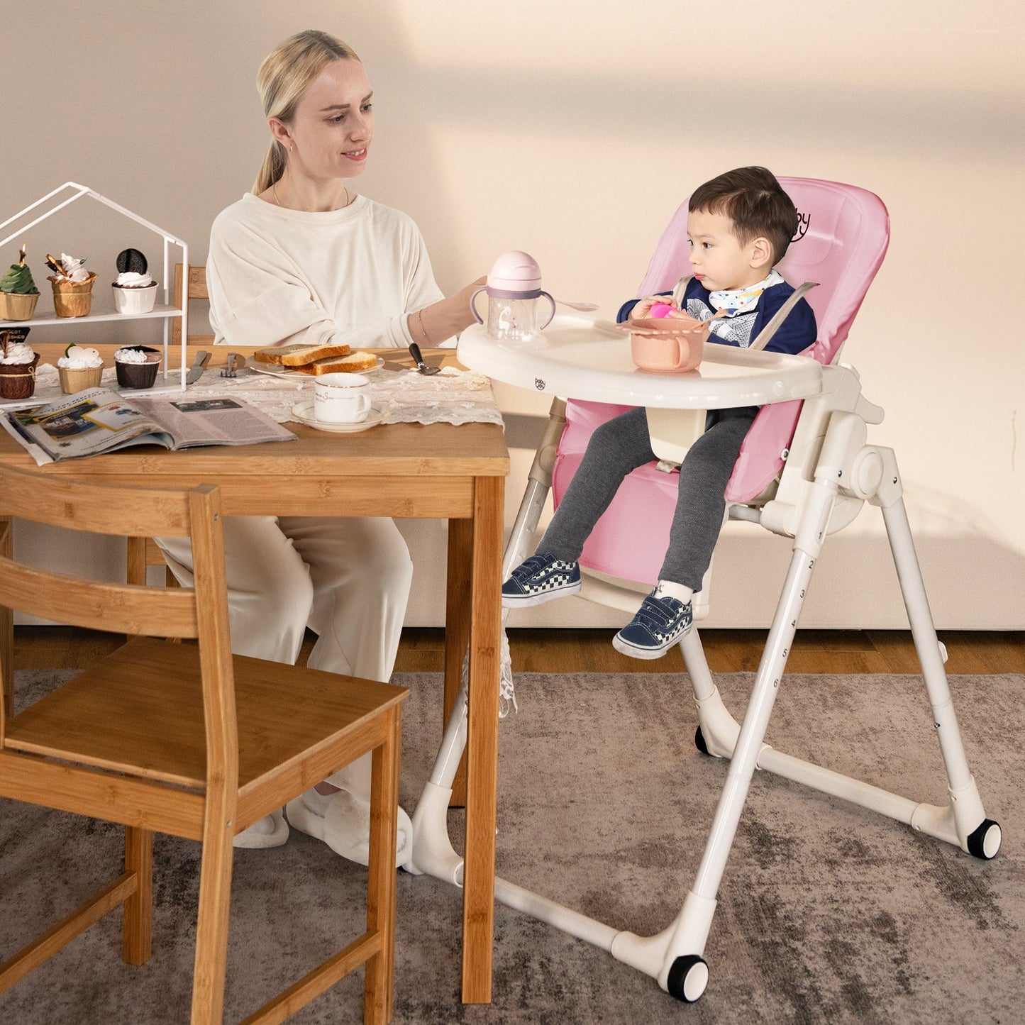 4-in-1 Baby High Chair with 6 Adjustable Heights-Beige