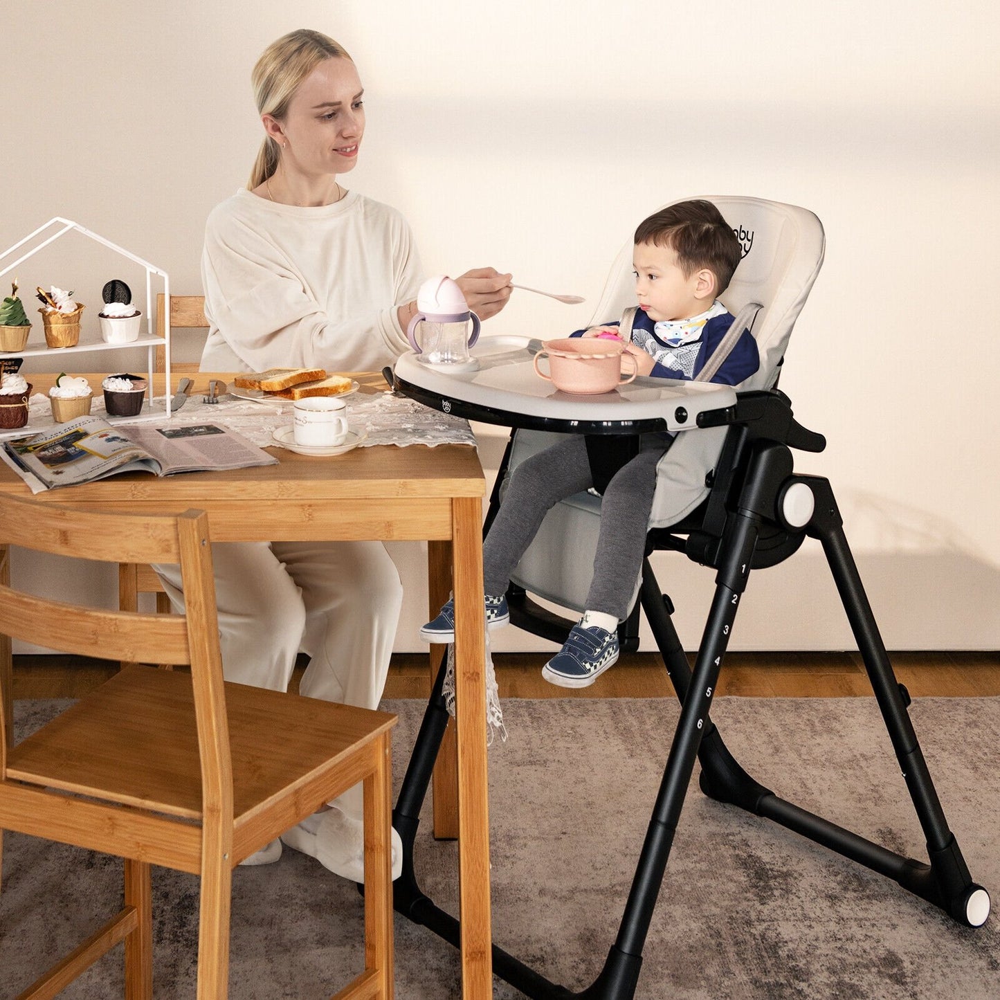 4-in-1 Baby High Chair with 6 Adjustable Heights-Beige