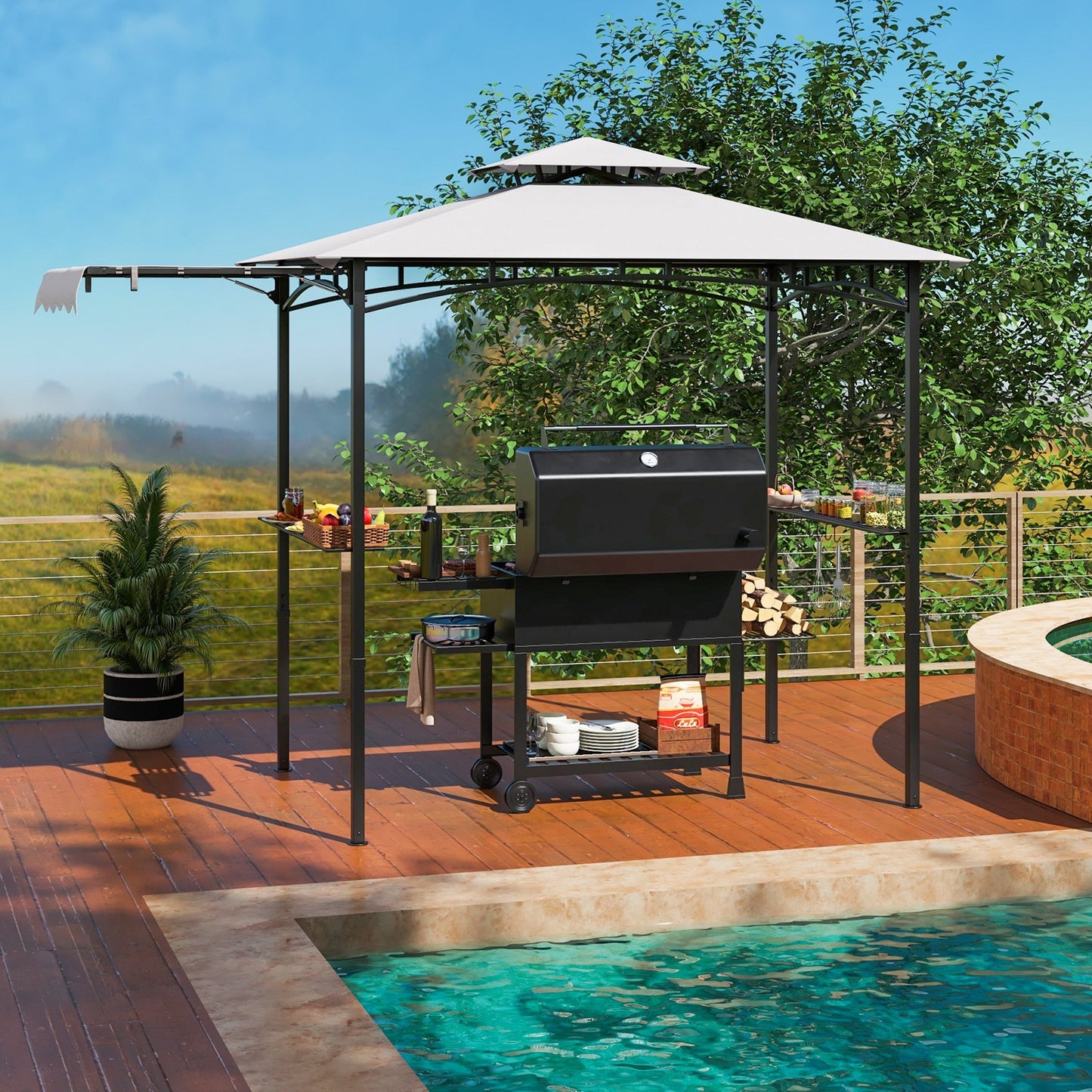 11 x 5 FT Grill Gazebo with Side Awning and Double-Tiered Top-Beige