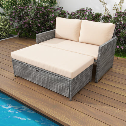 Outdoor Rattan Daybed Wicker Loveseat and 31 Gallon Storage Ottoman-Brown