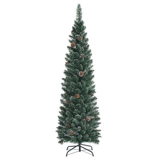 Snowy artificial pencil Christmas tree with pine cones, 5 ft, holiday decor by Wilsons Home Store for festive Christmas decoration.