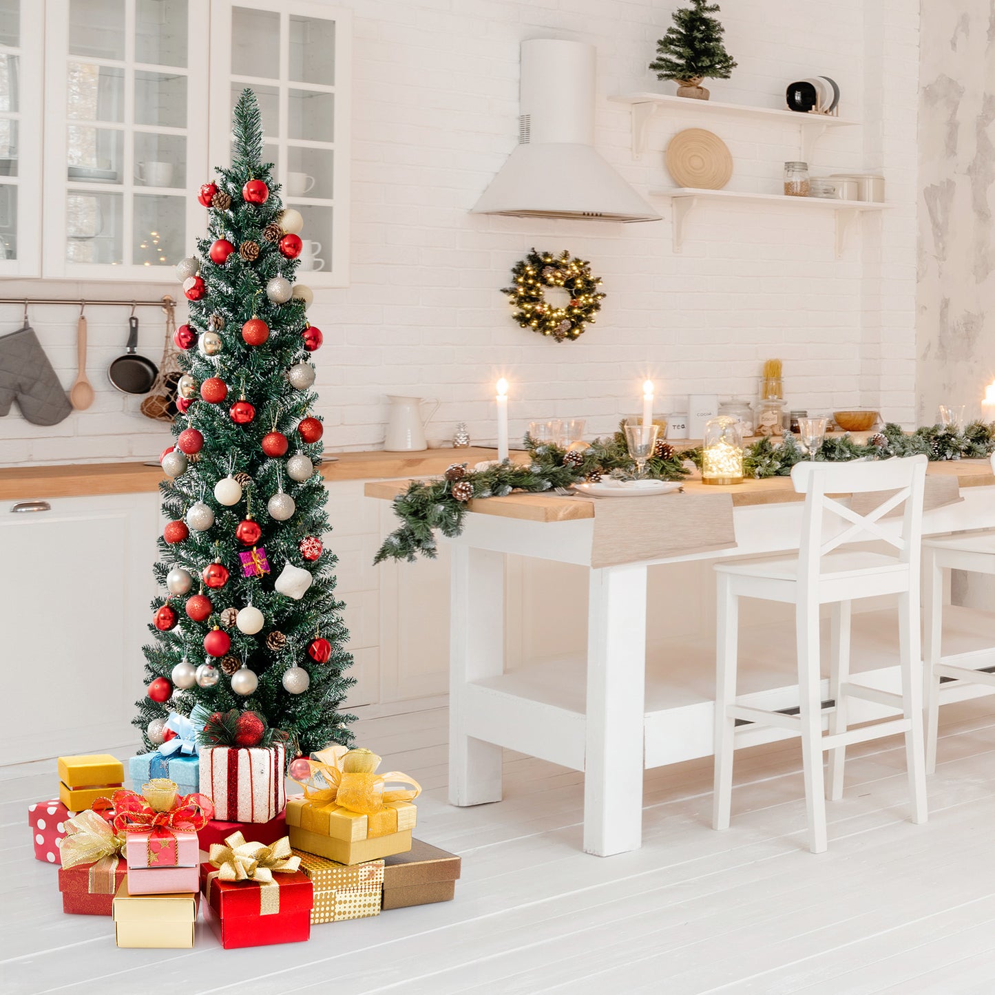 5 ft snowy artificial pencil Christmas tree with pine cones, holiday decor by Wilsons Home Store, showcasing a wintery festive look