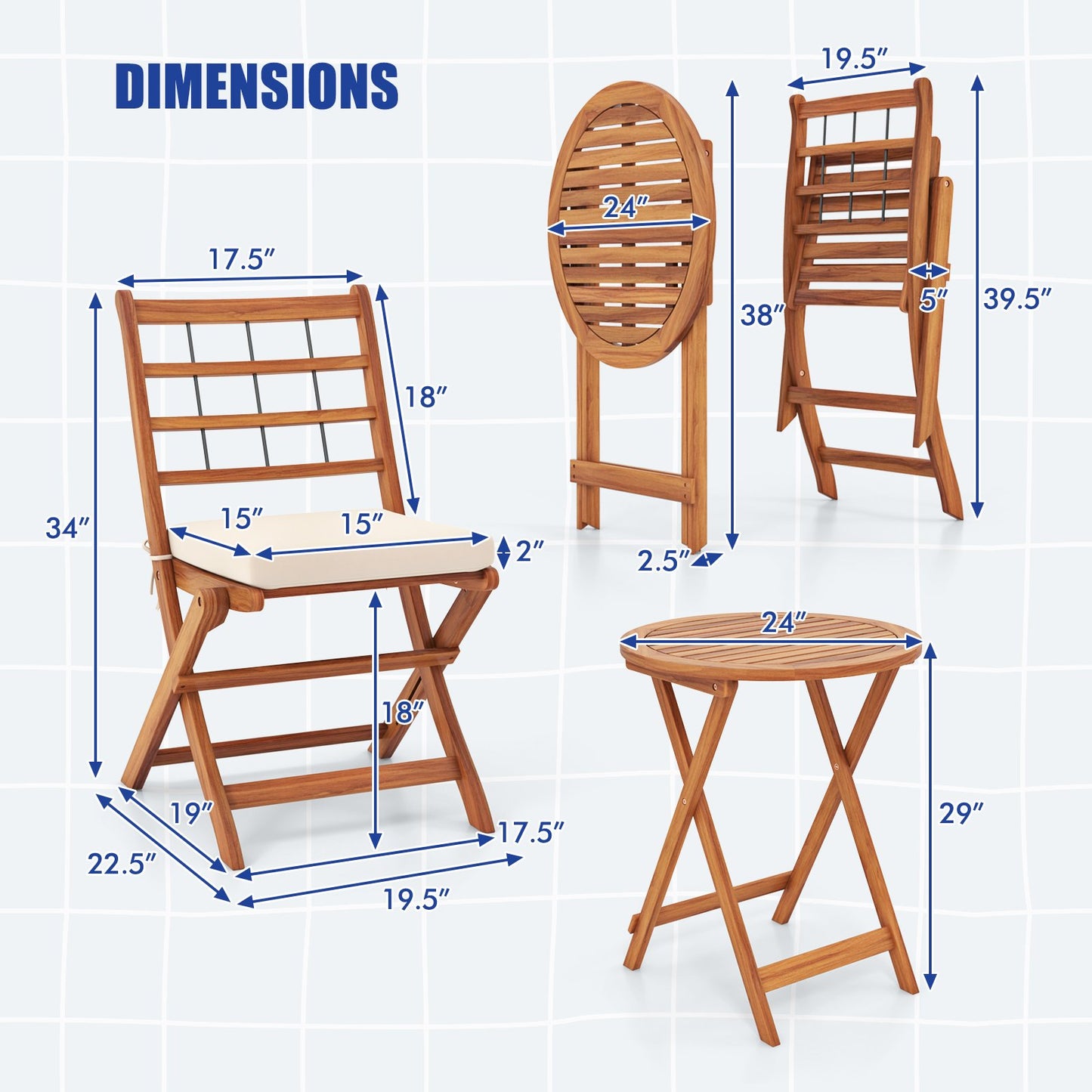 3 Pieces Acacia Wood Patio Bistro Set with Cushions-Gray